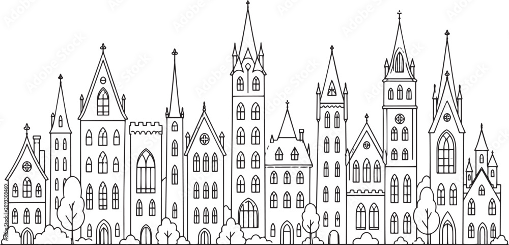 Naklejka premium City landscape. Line urban backdrop, different buildings on street, doodle street draw, outline cityscape hand sketch, flat houses. Hand drawn vector illustration