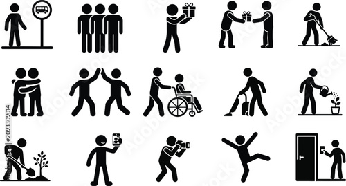 Social interaction and human activity stick figure icons with interaction community friendship communication gardening photography wheelchair disabled accessibility cleaning housework