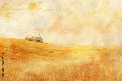 Soft Watercolor Landscape of Golden Hayfields and Distant Barns
