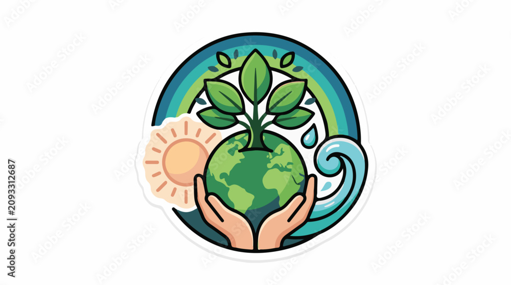 Obraz premium Hands nurturing Earth with sun water and rainbow