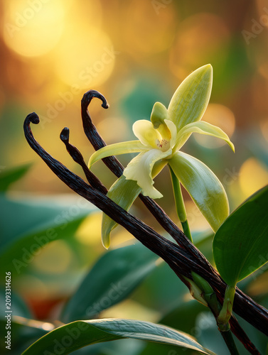 vanilla beans and flowers on vanilla plant on tree	
