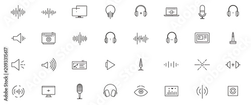 Collection of sound wave and audio related icons with voice and music technology symbols microphone headset and speaker.