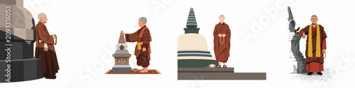Fotografie Set of flat illustrations featuring Buddhist monks in traditional robes praying and meditating near sacred stupas and architectural monuments