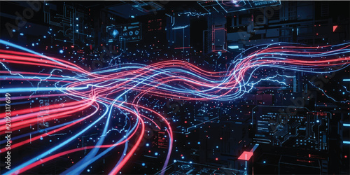 Φωτογραφία Abstract network data transmission with glowing light trails high speed transmis