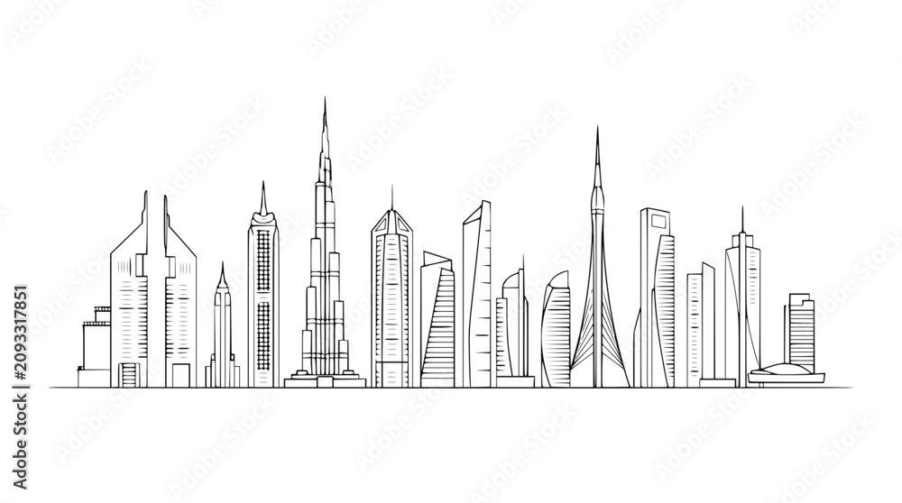 Fototapeta premium Dubai Skyline Minimal Line Art Vector Illustration