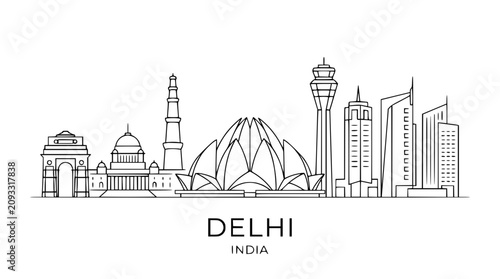 Delhi India Skyline Line Art Landmark Vector Illustration