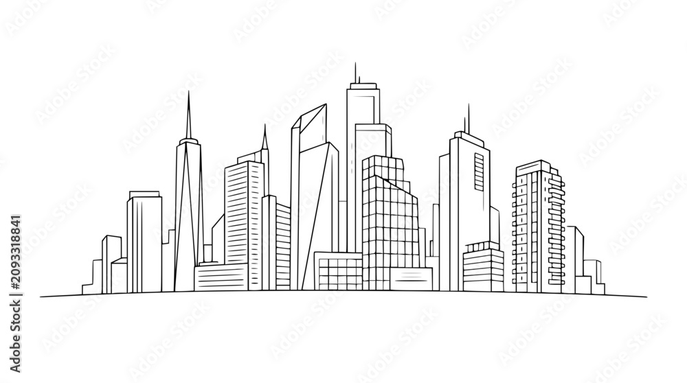Obraz premium Minimalist City Skyline Line Art Drawing on White Background