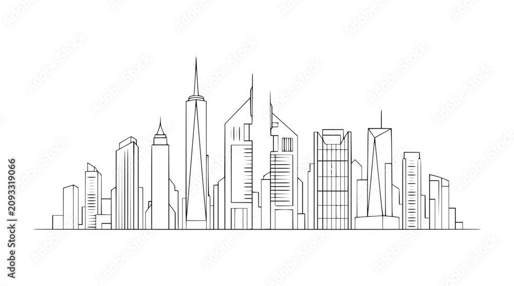 Fototapeta premium Minimalist city skyline continuous line art vector illustration