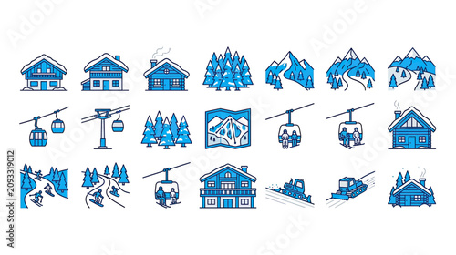Bild auf Leinwand Winter Mountain Resort Icons: Skiing, Cabins, Cable Cars, Snow Groomer, Forest