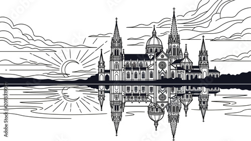 Fotografi Monolithic Cathedral Reflection Sunset Line Art