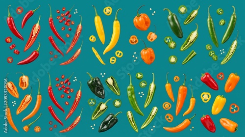 Vibrant Assortment of Fresh Chili Peppers and Sliced Vegetable Pieces Arranged on a Solid Cyan Background