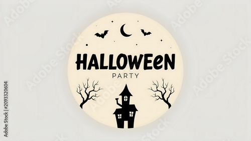 A halloween party invitation with a house and bats on a white background