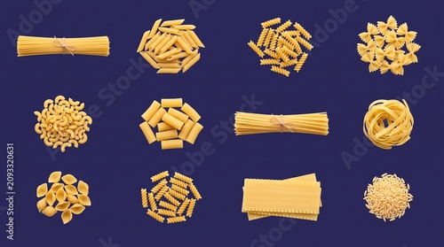 Top View Assortment of Twelve Different Varieties of Dry Italian Pasta Shapes Arranged Uniformly on a Solid Dark Blue Background