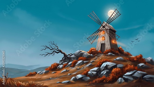 A windmill on a hill with a full moon in the background at night