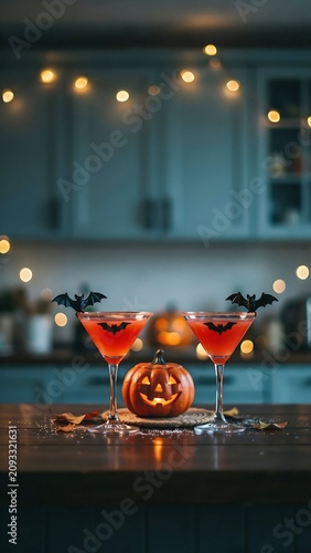 Two glasses of orange cocktail with bat garnishes and a jackolantern on a table