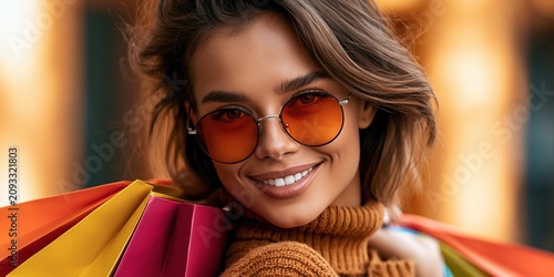 Happy shopper enjoying retail therapy with vibrant colors
