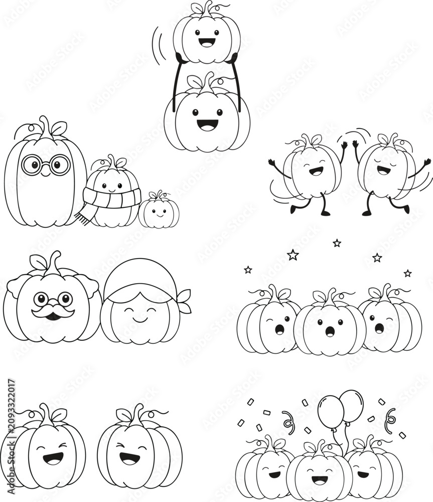 Obraz premium Collection of happy cartoon pumpkins with various expressions and accessories
