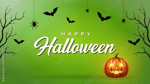 Happy halloween greeting with jackolantern bats spiders on green background