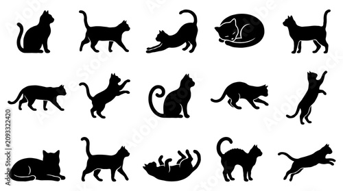 Collection of black cat silhouettes in various poses
