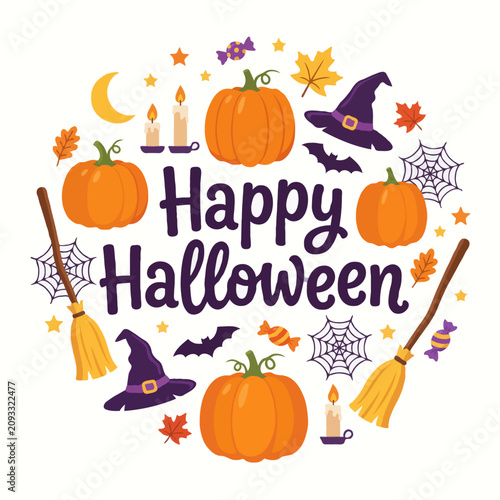 Happy halloween pumpkins and witch hats illustration