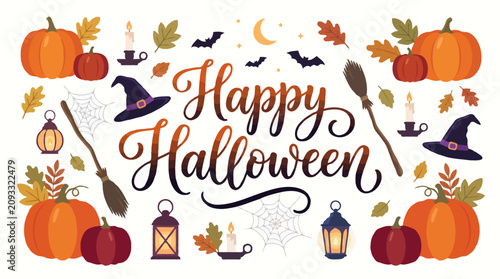 Happy halloween text with pumpkins and witch elements