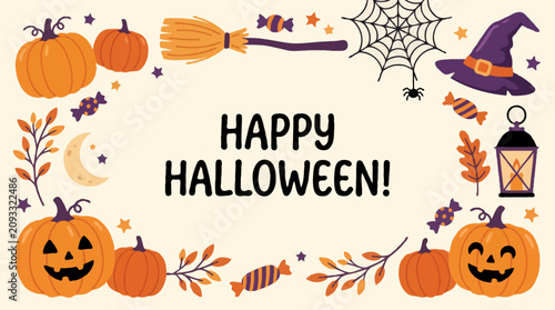 Happy halloween festive frame with pumpkins and candy