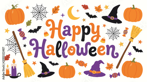 Happy halloween text with pumpkins, bats and hats
