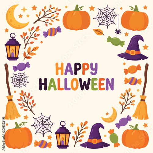 Happy halloween frame with pumpkins, hats, and candy
