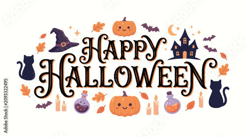 Happy halloween text with pumpkins, cats, and bats