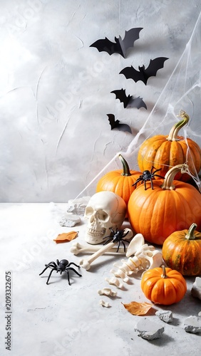 Halloween decorations with pumpkins, skulls, spiders, and bats on a gray background