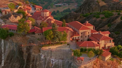 Aerial view of the Great Meteoron Monastery at Sunrise, Meteora, Greece