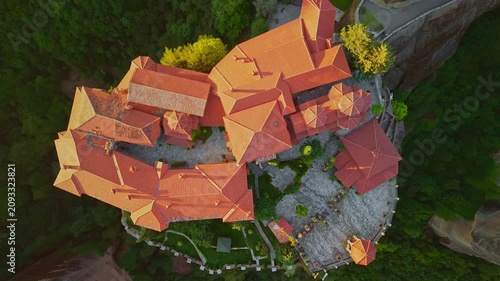 Aerial view of the Holy Monastery of Varlaam at Sunset, Meteora, Greece