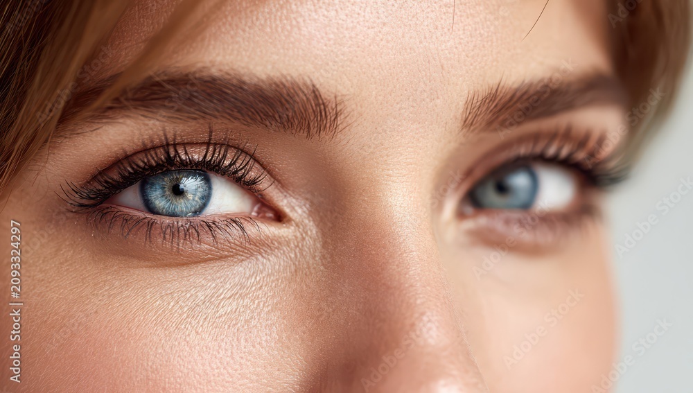 Fototapeta premium Extreme close-up portrait of female blue eyes with natural skin texture portrait freckles eyelashes close-up expression wellness feminine detailed photography clinical cosmetic personality