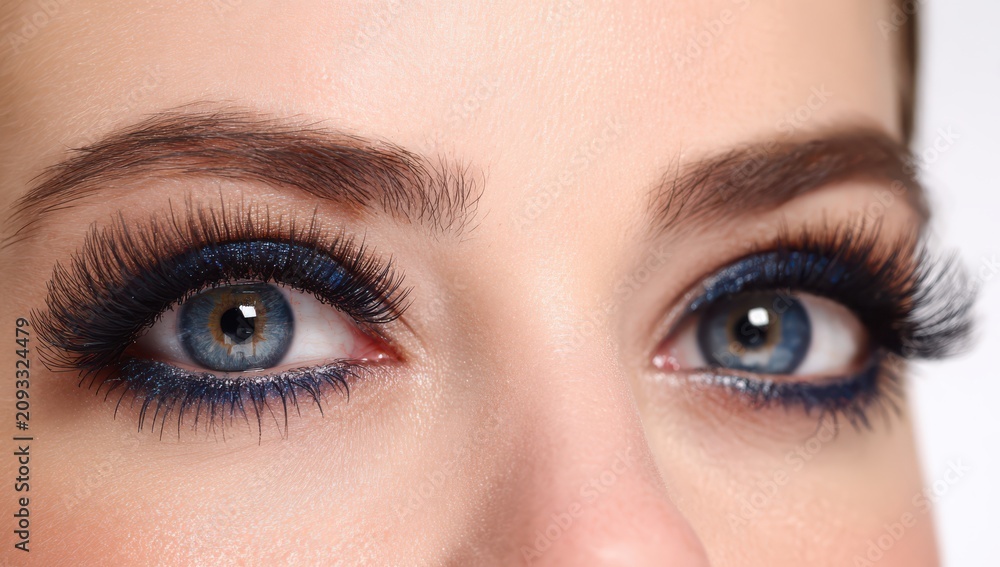 Naklejka premium Woman eyes with dramatic blue glitter eyeliner makeup eyeshadow cosmetic eyelashes glamorous eyeliner cosmetics aesthetic close-up professional artistic expression appearance cosmetology