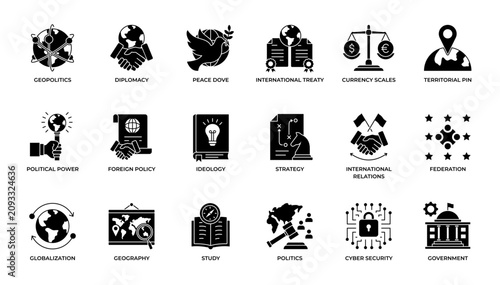 Фотография International Relations and Geopolitics Line Art Outline Icon Set Vector Illustr