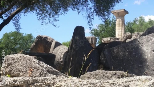 Ancient Olympia Greece ruins of Temple of Zeus and doric column