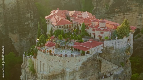 Aerial view of the Holy Monastery of Varlaam at Sunset, Meteora, Greece