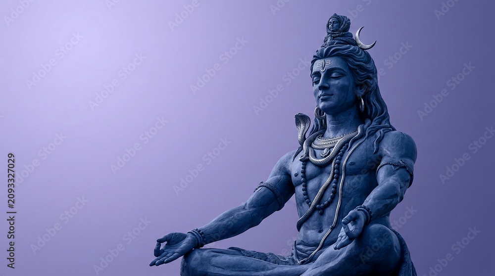 Fototapeta premium A blue statue of a meditating figure with serene expression and crescent moon on head, symbolizing peace, spirituality, and contemplation, ideal for religious or meditative themes