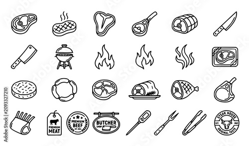 Tableau sur toile Premium Beef Steak and BBQ Outline Icons Set with Editable Stroke Meat Symbols f