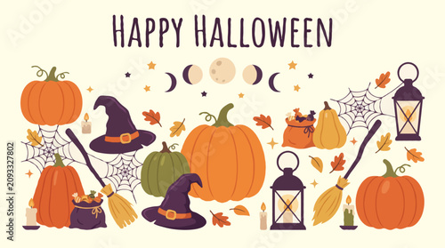 Happy halloween pumpkins witches hats and brooms decoration