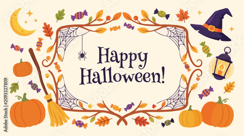 Happy halloween greeting with pumpkins and witch hat
