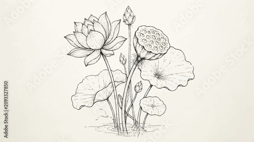 Detailed pencil sketch of blooming lotus flowers with leaves and stems.