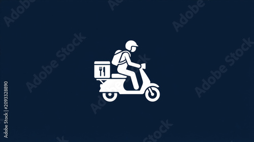 Man courier riding scooter with backpack for food delivery. Digital icon of worker delivering meal. Transportation service for commerce and mobile application interface graphic design.