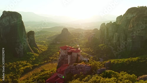 Aerial view of the Monastery of Rousanou at Golden Hour, Meteora, Greece
