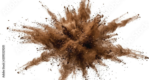 Photos Explosion of brown dust particles against white background with explosion partic