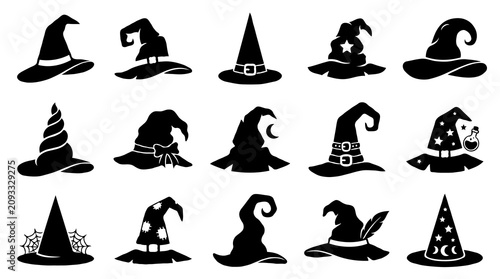 Collection of black witch hats for halloween