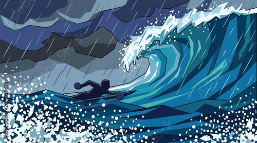 Tableau sur toile Man Swimming Against Giant Stormy Ocean Wave with Oars, Symbolizing Challenge an