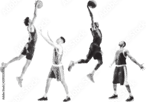 Tablou pe pânză Basketball players set in dynamic dunking and defense poses black vector silhoue
