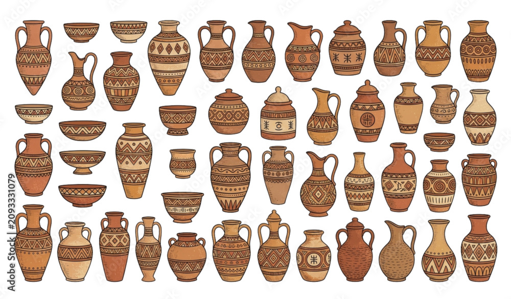 Fototapeta premium Patterned pottery collection with tribal geometric designs vector illustration