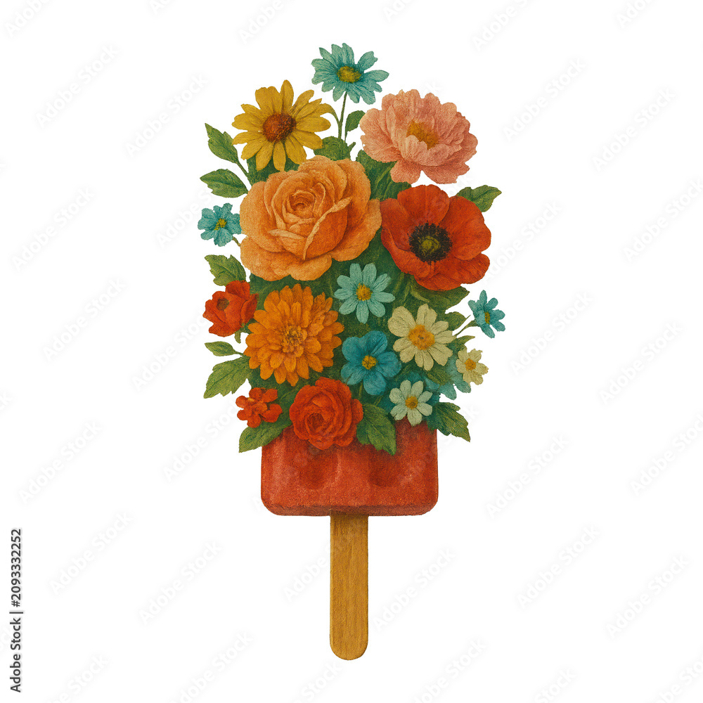 Obraz premium PNG Floral popsicle illustration, vibrant colors.